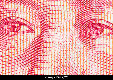 Close up macro photo de Mao yeux détail sur le yuan chinois service de note. Banque D'Images