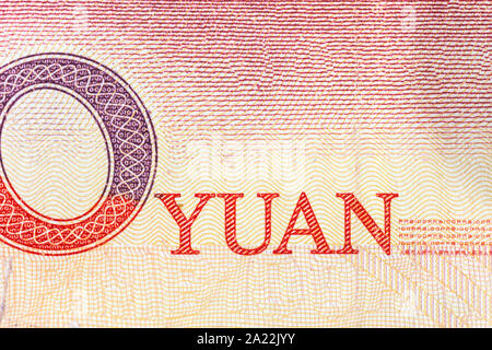 Photographie macro Close up de Yuan mot sur la monnaie chinoise note. Banque D'Images