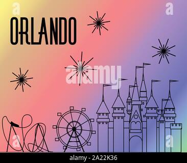 Orlando attractions ligne noire sur fond de couleur arc-en-ciel. Grande Roue, montagnes russes, château et d'artifice. Illustration de Vecteur