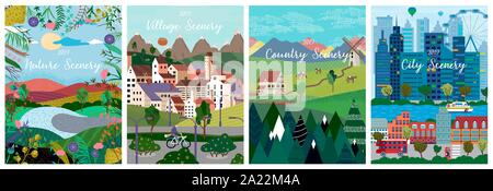 Illustration vecteur de la nature paysages, pays, ville, village. Dans le milieu naturel et urbain , carte bannière rustique, une brochure, une affiche ou un capot Illustration de Vecteur