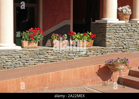 Les pots de fleurs à l'extérieur de la réplique moderne de centurion romain's home, à la domus scientiarum / denier denier les scientifiques, la science, la science et la recherche, Centre de Kostolac, Branichevo, District de la Serbie. Banque D'Images