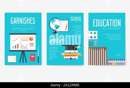 Cartes d'information retour à l'école ensemble. Modèle d'flyear étudiant, magazines, affiches, bannières, couverture de livre. L'enseignement collégial infographie concept arrière-plan. La mise en page moderne illustrations Illustration de Vecteur