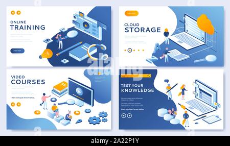 Illustration Vecteur de modèles de conception de la page d'atterrissage. Pour définir la bibliothèque nuage, éducation en ligne, tutoriels vidéo et les tests en ligne. Des concepts modernes simples à modifier et personnaliser des sites web Illustration de Vecteur