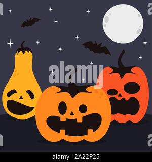 Halloween cute hand drawn vector banner, invitation à une fête, l'arrière-plan avec des citrouilles et jack o lanterne sur fond de ciel de nuit avec Illustration de Vecteur