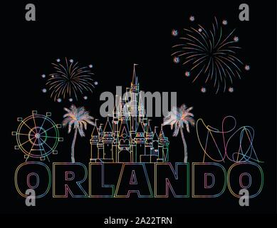 Lettrage coloré d'Orlando sur fond noir . Scénario avec billet d'icônes. Carte postale de voyage. Illustration de Vecteur