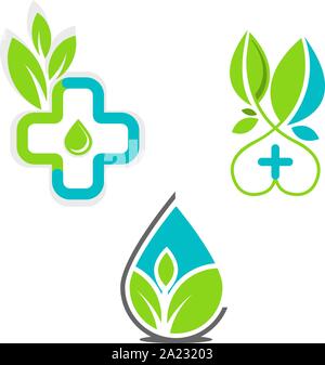 Vector set d'icônes logo médical avec croix. Collection de signe et symbole et de feuilles. Illustration de Vecteur