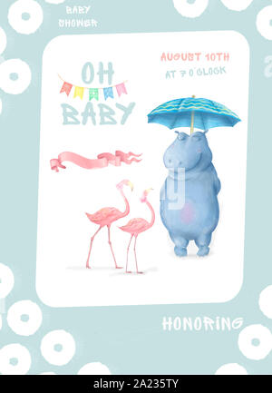 Little baby Hippo et flamant rose. Carte de douche de bébé. Bébé éléphant isolé sur l'arrière-plan. De l'accueil, de respect, de célébration carte postale. Aquarelle Banque D'Images