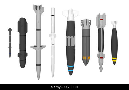 Groupe de missiles militaires différents isolé sur blanc. Le rendu 3D Banque D'Images