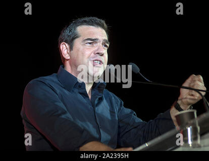 Athènes, Grèce. Sep 29, 2019. Ancien Premier Ministre et chef du parti SYRIZA, Alexis Tsipras, prononce un discours à la fête de la jeunesse du festival à Athènes, Grèce. ©Elias Verdi/Alamy Live News Banque D'Images