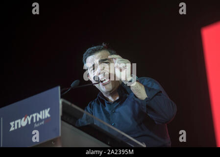 Athènes, Grèce. Sep 29, 2019. Ancien Premier Ministre et chef du parti SYRIZA, Alexis Tsipras, prononce un discours à la fête de la jeunesse du festival à Athènes, Grèce. ©Elias Verdi/Alamy Live News Banque D'Images