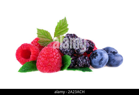 Mélanger les framboises mûres bleuets berry avec feuille de menthe isolé sur fond blanc Banque D'Images