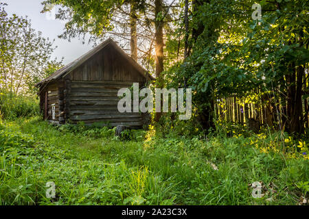 Old Rustic log sauna parmi les arbres et la verdure d'un soir d'été en Russie Banque D'Images