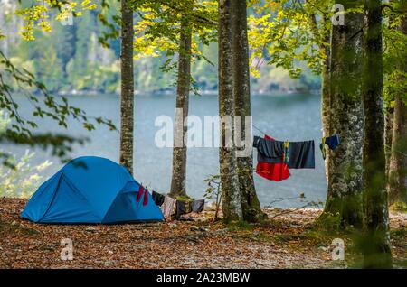 Tente Camping sauvage. Tente moderne bleu et le séchage des vêtements sur une corde entre les arbres des forêts. Camping en plein air au bord du lac. Banque D'Images