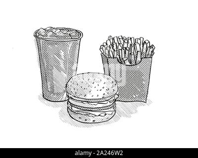 Retro cartoon style dessin d'un hamburger ou cheeseburger burger, frites et petite fontaine à boisson tasse isolé sur fond blanc fait en bl Banque D'Images