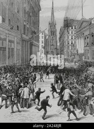 Estados Unidos. Nueva York. La crisis financiera. Aspecto de Wall Street en los momentos de pánico, en la tarde del 14 de mayo de 1884. Perspectiva tomada frente a la Iglesia de la Trinidad. Gravure por Vela. La Ilustración Española y Americana, 8 de junio de 1884. Banque D'Images