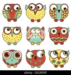 Ensemble de neuf cartoon mignon et drôle divers hiboux ovale isolé sur le fond blanc, le scénario décrit comme des icônes Illustration de Vecteur