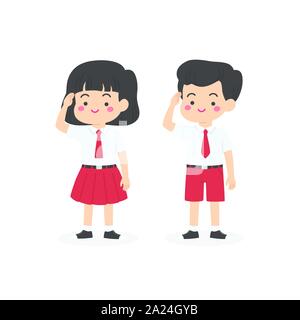 L'école élémentaire Les enfants indonésiens uniforme Salut Cartoon Vector Illustration de Vecteur