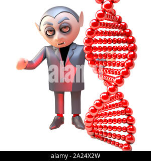 3d Cartoon vampire Dracula monster debout à côté d'une double hélice d'ADN, gènes de rendu 3d illustration Banque D'Images