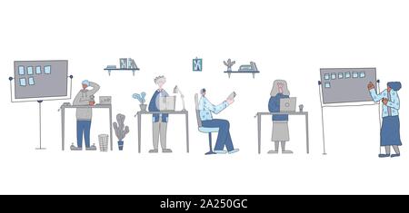 Groupe de jeunes créateurs. Les travailleurs. Réunion d'affaires. Employés espace de coworking concept. Vector illustration couleur. Illustration de Vecteur