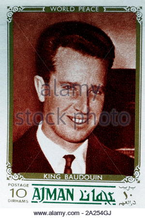 Baudouin poste représentant (1930 - 31 juillet 1993) Roi des Belges, de 1951 jusqu'à sa mort en 1993. Il était le dernier roi des Belges d'être souverain du Congo. Timbre émis par l'état de Dubai aux Emirats Arabes Unis Banque D'Images