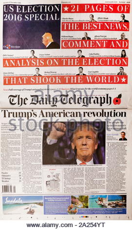 Première page de titre le quotidien britannique 'The Daily Telegraph' 10 novembre 2016. L'atout de l'indépendance américaine. Banque D'Images