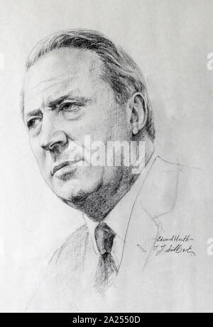 Crayon Portrait de Sir Edward Heath, (1916 - 2005), connu sous le nom de Ted Heath, était un homme politique britannique qui fut Premier Ministre du Royaume-Uni de 1970 à 1974 et chef du parti conservateur de 1965 à 1975. Par J J Hilbert. Banque D'Images