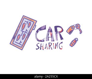 Concept d'auto-partage dans le style. Lettrage à la main avec des symboles. Texte d'auto-partage avec la clé et téléphone. Vector illustration. Illustration de Vecteur