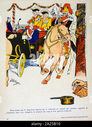 Illustration satirique français, 1908, montrant, le roi Alphonse XIII d'Espagne, comme un anarchiste le fusible des feux d'une bombe Banque D'Images