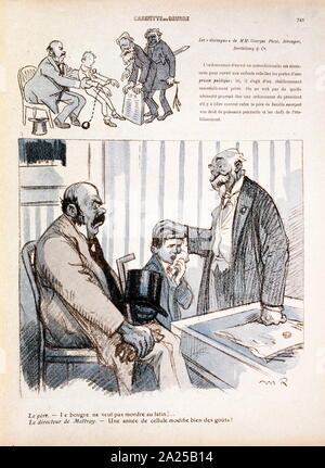 Illustration satirique français, 1909, montrant l'enfant, condamné à être mis dans un établissement correctionnel. (En haut à gauche avec la barbe) Georges Marie René Picot ; avocat et historien français. Banque D'Images