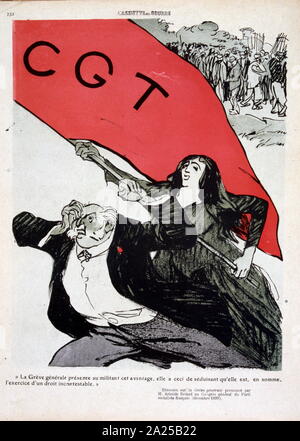 Illustration satirique français de 1909, montrant des grèves en France par la CGT (Confédération générale du travail), un mouvement syndical national, fondé en 1895