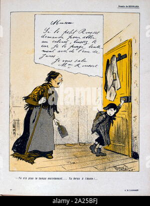 Illustration satirique français, montrant un garçon de quitter la maison sur son chemin de l'école. 1908 Banque D'Images