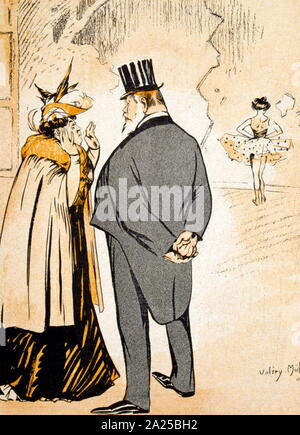 Illustration satirique français, représentant un homme discuter de l'histoire d'une jeune fille qu'il veut aborder. 1907 Banque D'Images