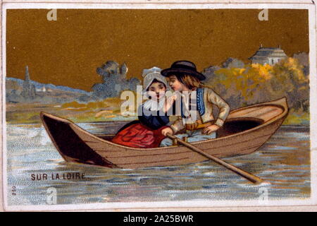 Chromolithographie française illustration représentant une fille et garçon dans un canoe 1890 Banque D'Images