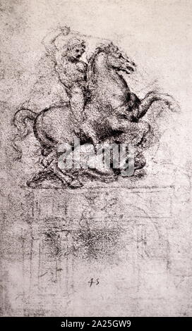 Esquisse pour le cheval en bronze du monument Sforza par Leonardo da Vinci. Leonardo di ser Piero da Vinci (1452-1519) un grand penseur italien de la Renaissance. Banque D'Images