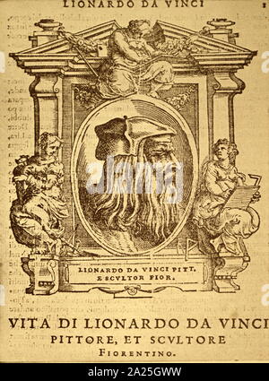 Gravure sur bois portrait de Léonard de Vinci. Leonardo di ser Piero da Vinci (1452-1519) un grand penseur italien de la Renaissance. Banque D'Images