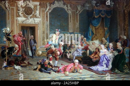 La peinture intitulée 'bouffons à la Cour de l'Impératrice Anna Ioannovna' par Valeriy Ivanovich Yakobi (1833-1902) un peintre russe Banque D'Images