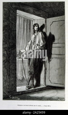 Illustration par Gustave Dore pour "Le Capitaine Fracasse" par Pierre Théophile Gautier (1811 - 1872), écrivain français, poète, peintre, critique d'art. Gautier est un défenseur de romantisme, Gautier est difficile à classifier et demeure un point de référence pour de nombreuses traditions littéraires ultérieures comme Parnassianism, symbolisme, décadence et modernisme. Le Capitaine Fracasse (Le Capitaine Fracasse) est un roman de 1863 par l'écrivain français Théophile Gautier. C'est un roman d'aventures situé dans le 17ème siècle. Banque D'Images