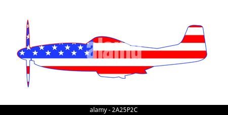 Silhouette d'un United States Mustang P51 avec un chasseur de Stars and Stripes USA flag tous sur un fond blanc Illustration de Vecteur