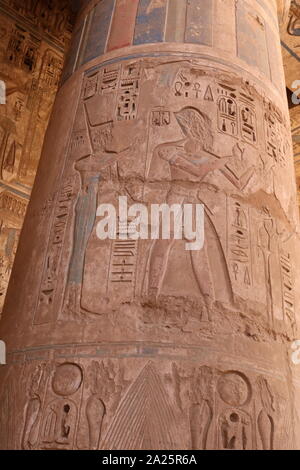 Deuxième cour des fêtes, Médinet Habou, Thèbes, Égypte. Temple de Ramsès II à Médinet Habou, l'Égypte. Le temple funéraire de Ramsès III à Médinet Habou était une importante nouvelle période de royaume temple structure dans la rive ouest de Louxor en Égypte. Le temple a inscrit reliefs représentant l'avènement et la défaite des peuples de la mer sous le règne de Ramsès III. Excavation initiale du temple a eu lieu sporadiquement entre 1859 et 1899 Banque D'Images