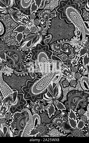 Motif paisley noir et blanc. Vintage style batik en arrière-plan. Beau floral vintage pour votre entreprise Banque D'Images