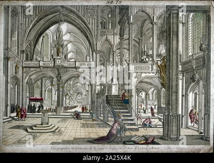 18ème siècle illustration de l'intérieur de la Basilique Saint Pierre au Vatican à Rome. Vers 1750. Il montre probablement Benoît XIV, Pape de l'Église Catholique à partir du 17 août 1740 à sa mort en 1758 Banque D'Images