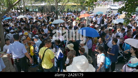 Des foules de touristes chinois visiter le mausolée de Mao Zedong à Pékin, en Chine. De nombreux parasols UV transporter à l'abri du soleil implacable une fois qu'ils atteignent le terrain ouvert. Banque D'Images