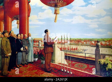 Le président Mao l'annonce de la création de la République populaire de Chine le 1er octobre, à Beijing. (1949). Mao Zedong (1893 - 1976), aussi connu sous le président Mao, était un révolutionnaire communiste chinois qui est devenu le père fondateur de la République populaire de Chine (RPC), dont il a jugé que le président du parti communiste de Chine à partir de sa création en 1949 jusqu'à sa mort en 1976. Banque D'Images