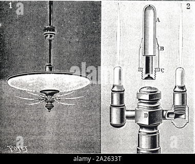 Une gravure représentant un montage plafond pour brûler les gaz de l'acétylène pour produire de la lumière. La lampe à carbure, ou des lampes à gaz acétylène, sont de simples lampes que produire et à brûler l'acétylène (C2H2) qui est créé par la réaction de carbure de calcium (CaC2) avec de l'eau. En date du 19e siècle Banque D'Images