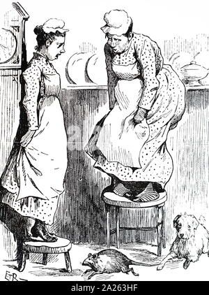 Une caricature montrant un cuisinier et femme de chambre cuisine étant terrifié par un rat qui le terrier est déterminé à attraper. En date du 19e siècle Banque D'Images