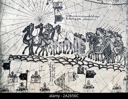 Détail de l'Atlas Catalan Marco Polo sur son expédition. L'Atlas Catalan est le plus important site de la période médiévale en langue catalane (dessiné et écrit en 1375). Banque D'Images