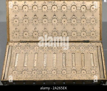 René Grillet de Roven, était un mécanicien et horloger français qui a conçu cette machine à calculer mécanique au 17e siècle. Grillet sont venus de Rouen, dans le nord-ouest de la France, la capitale de la normandie. Il a occupé le poste d'horloger le roi Louis XIV. Grillet affiche sa machine sur les salons en France et aux Pays-Bas entre 1673 et 1681. Banque D'Images