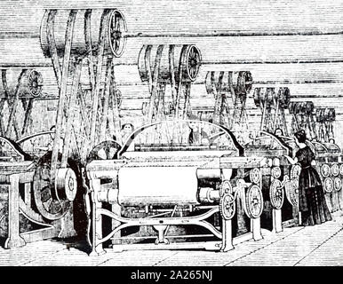 Une gravure représentant un tissage de coton shed équipé de métiers conduit, via les arbres, par des machines à vapeur. En date du 19e siècle Banque D'Images