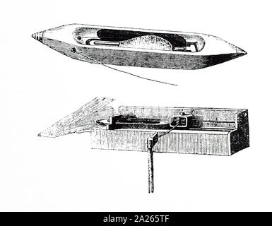 Une gravure représentant une navette fly utilisé dans métiers mécaniques. Top : Navette aéroport. Bas : Navette aéroport dans son "hed' montrant l'appareil pour le jeter de droite à gauche. Un dispositif similaire a été installé sur l'autre côté de la lancer de gauche à droite. Navette Fly inventé par John May circa 1730. En date du 19e siècle Banque D'Images