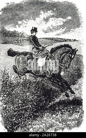 Une gravure représentant une jeune femme à côté d'équitation selle sur son cheval dans le domaine de chasse. En date du 19e siècle Banque D'Images